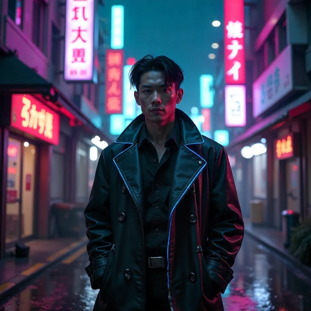 Neon-lit Asian Man in a Cyberpunk Night