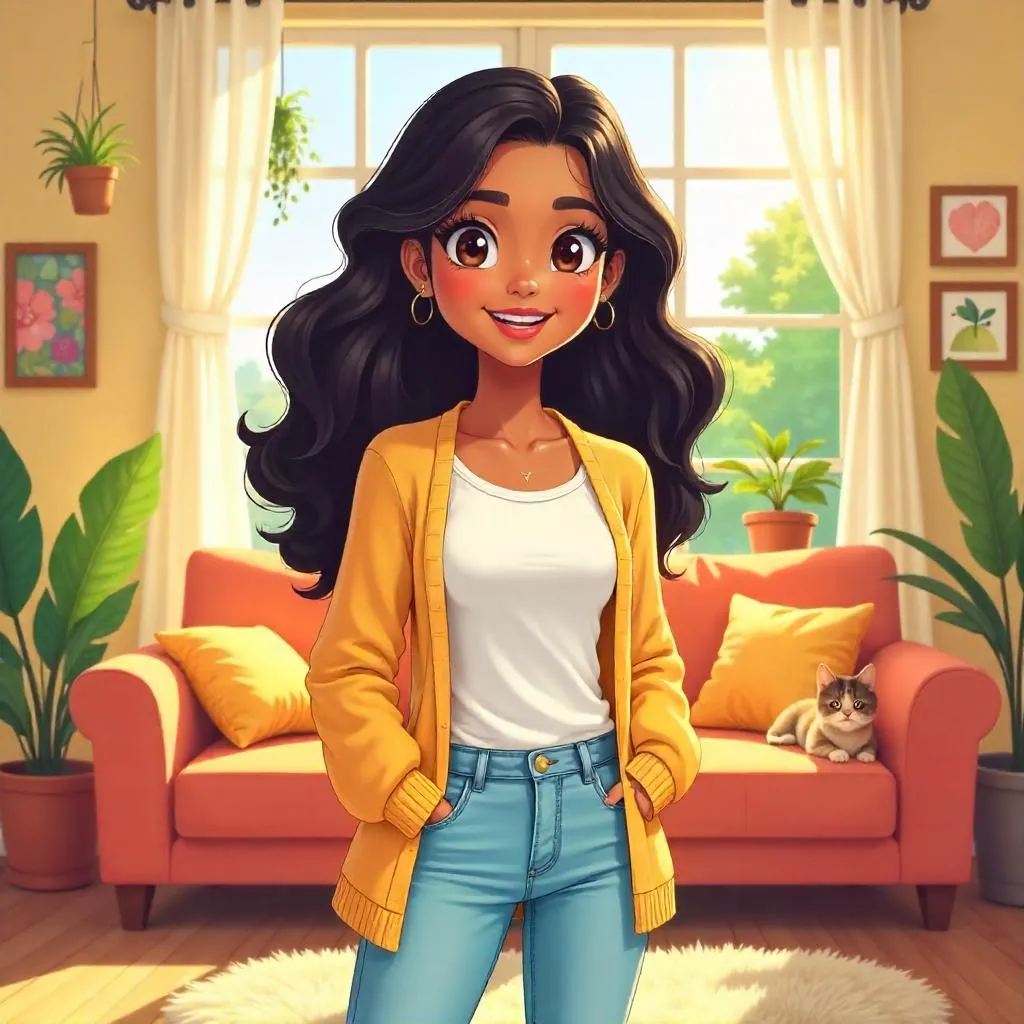 Cheerful Latina Girl in a Cozy Anime Home