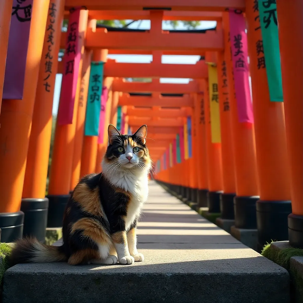 Cat at Fushimi Inari Shrine Amid Colorful Banners