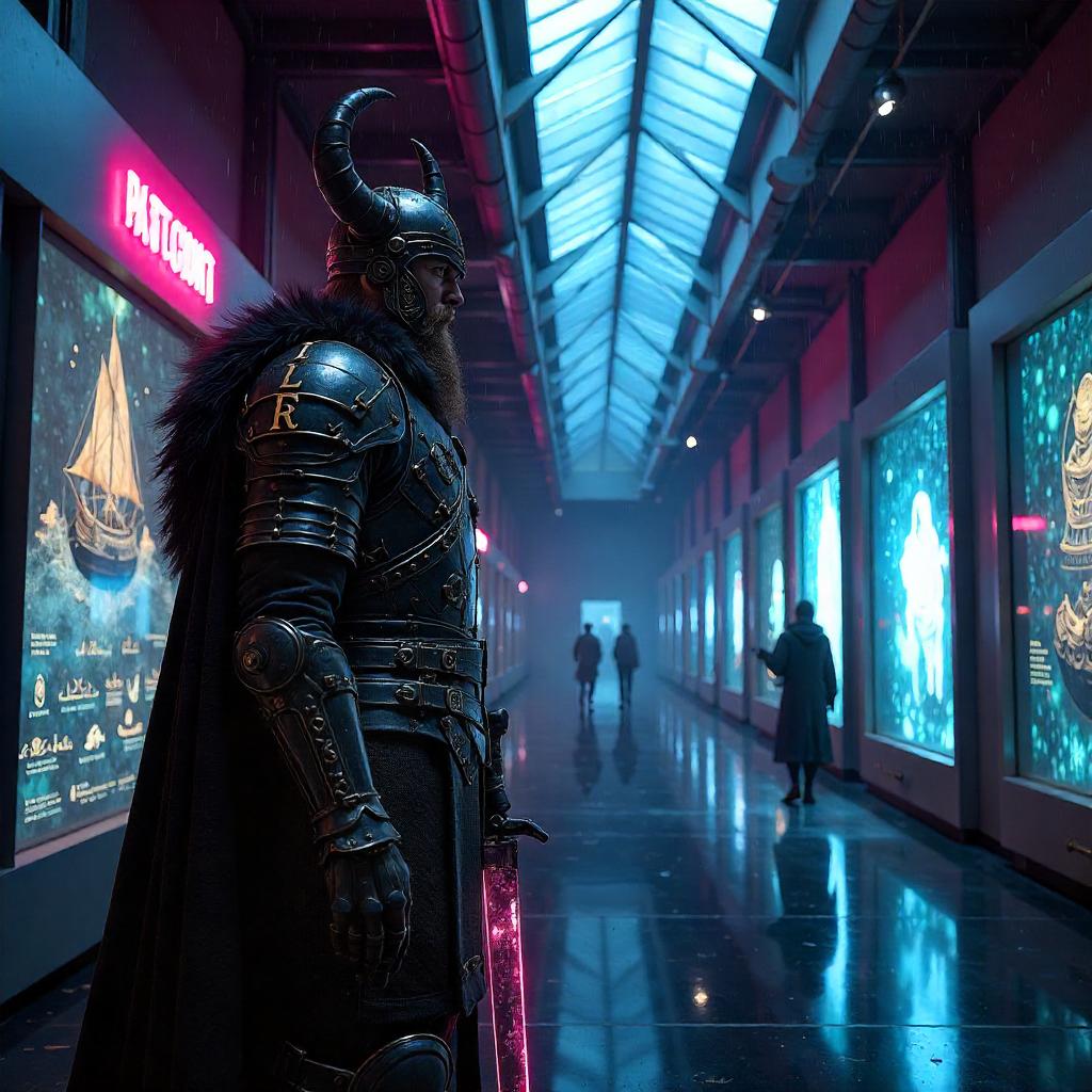 Neon Viking in a Cyberpunk Museum Hall