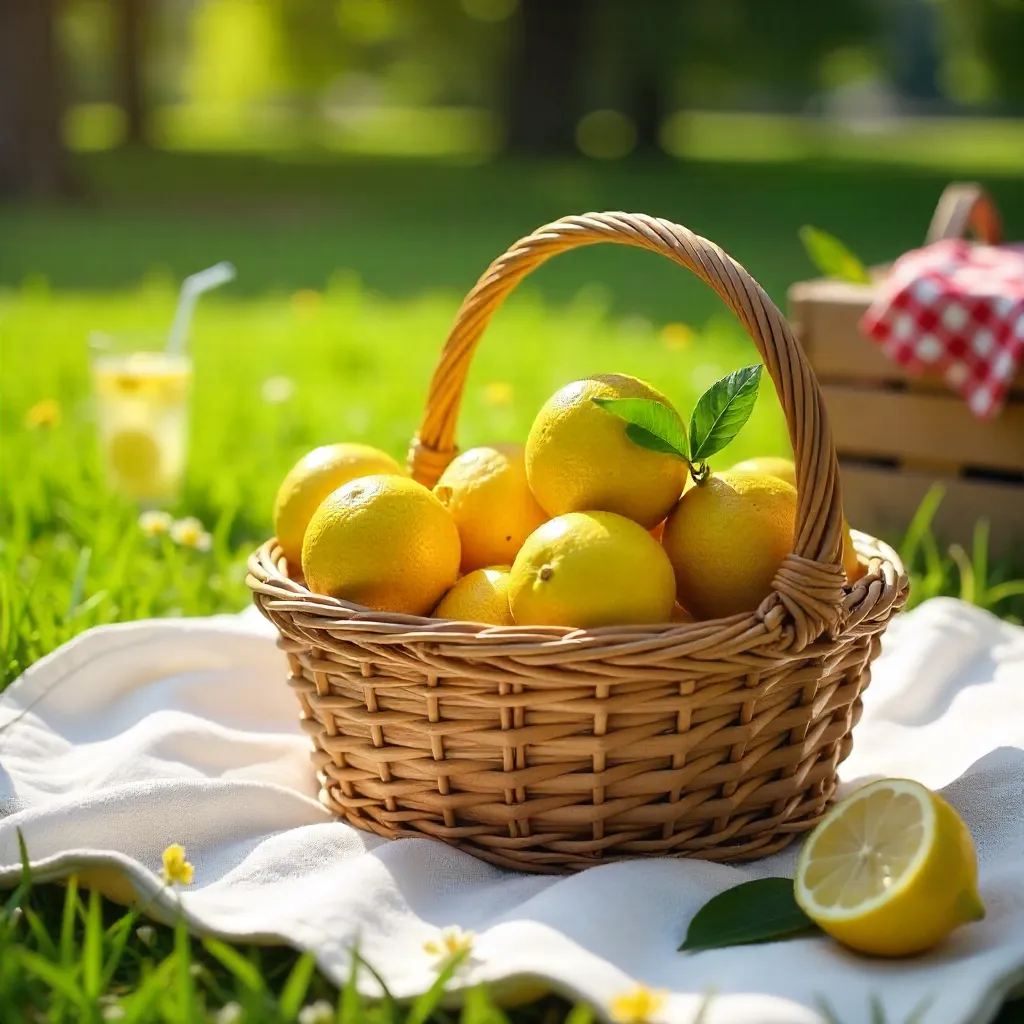 Basket of Fresh Lemons on a White Picnic Blanket