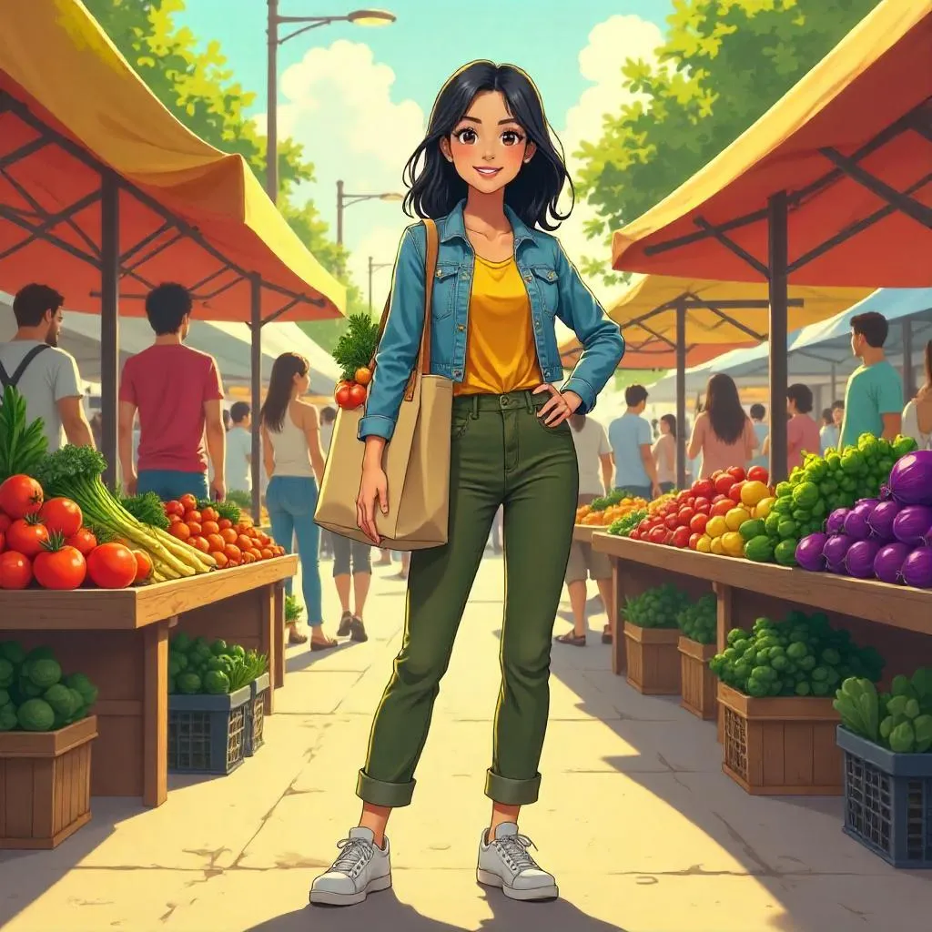 Confident Asian Woman at a Vibrant Anime Farmers Market