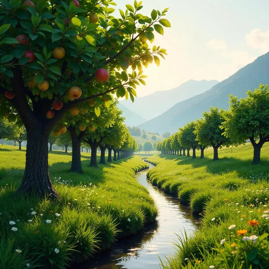 Photorealistic Valley in an Orchard at Dawn