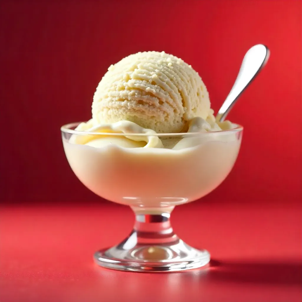 Creamy Vanilla Ice Cream in a Glass Dish on Red Backdrop