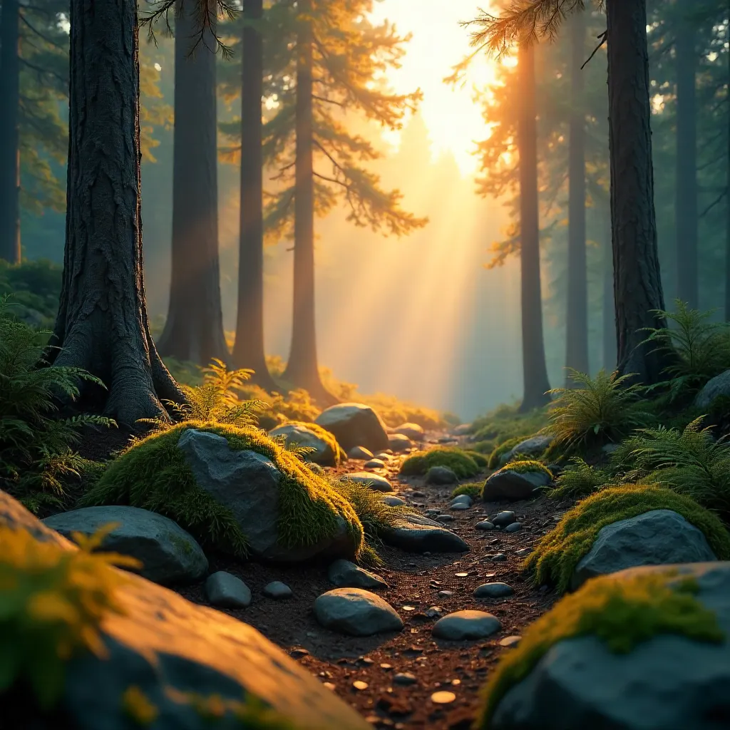 Golden Sunlit Forest with Rocky Outcrops