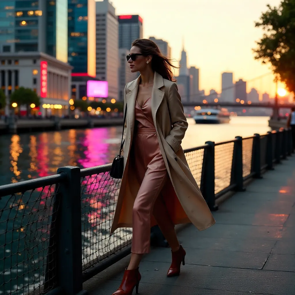 Strolling Woman by the Vibrant Riverfront Cityscape