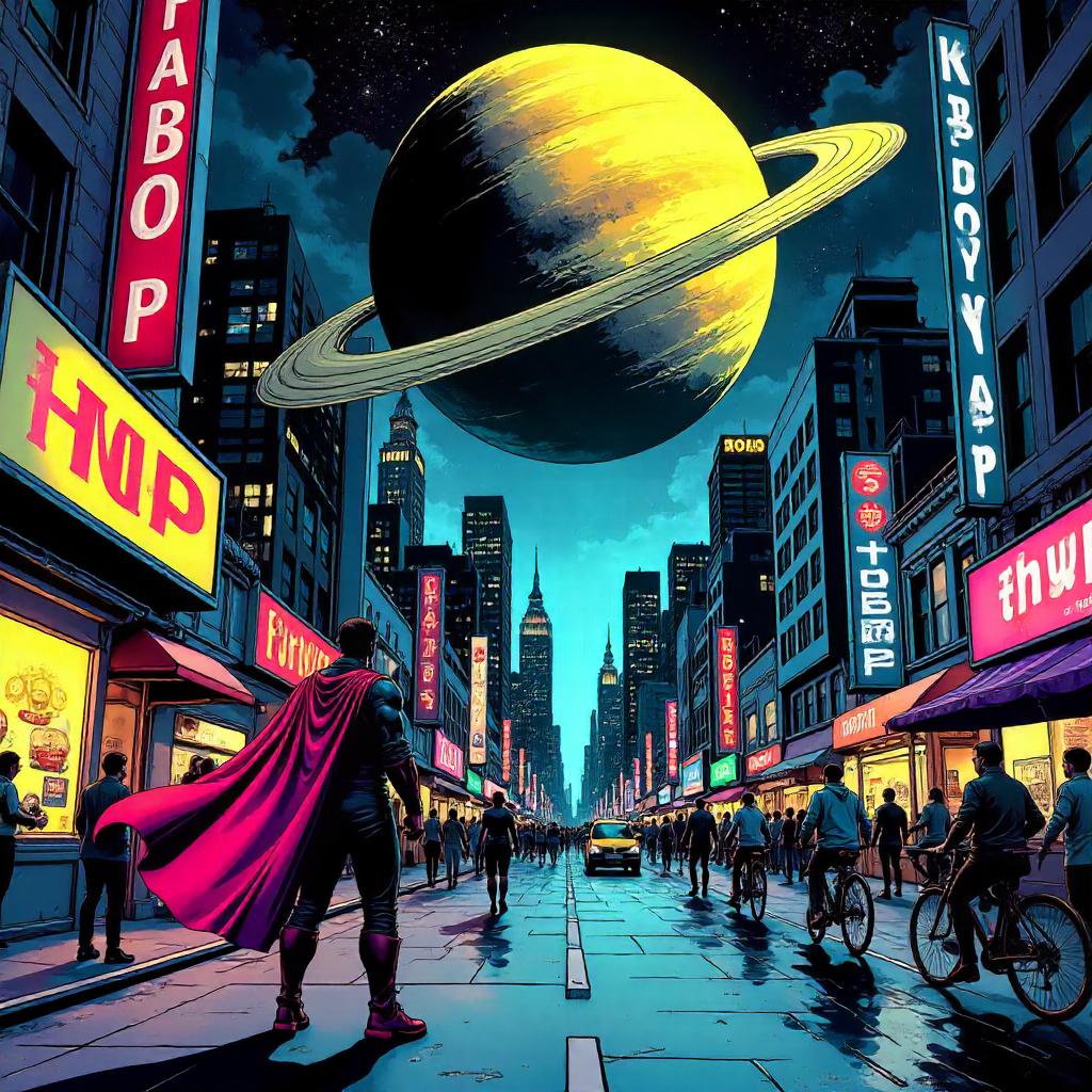 Planet Over the Busy Street in Comic Book Style
