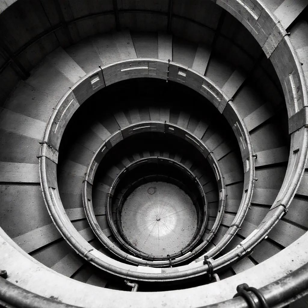 Monochrome Aerial Spiral Staircase: Grayscale Geometry