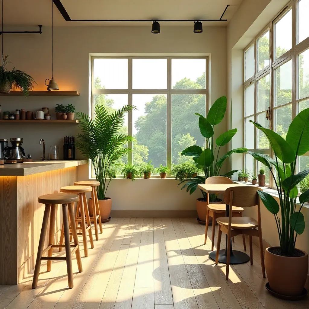 Sunlit Café with Wooden Stools and Lush Plants