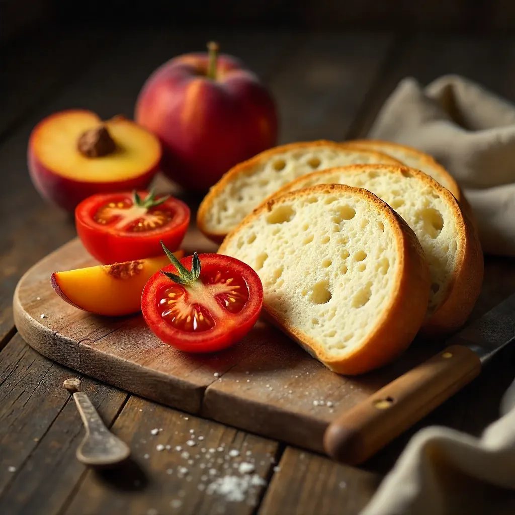 Cozy Rustic Bread, Tomato, and Peach Still Life