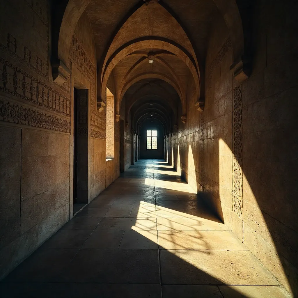 Shadowed Hallway: Geometry, Light, and Stone