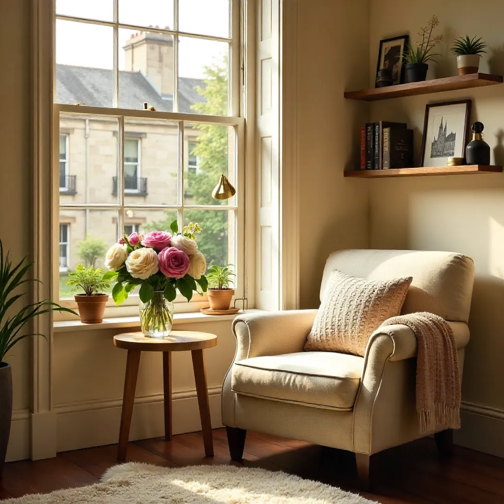 Sunlit York Living Room Corner with Flowers