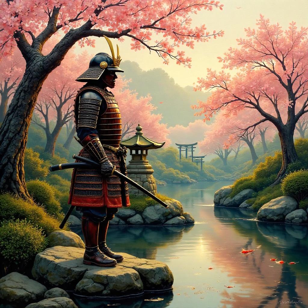 Samurai in a Tranquil Japanese Garden