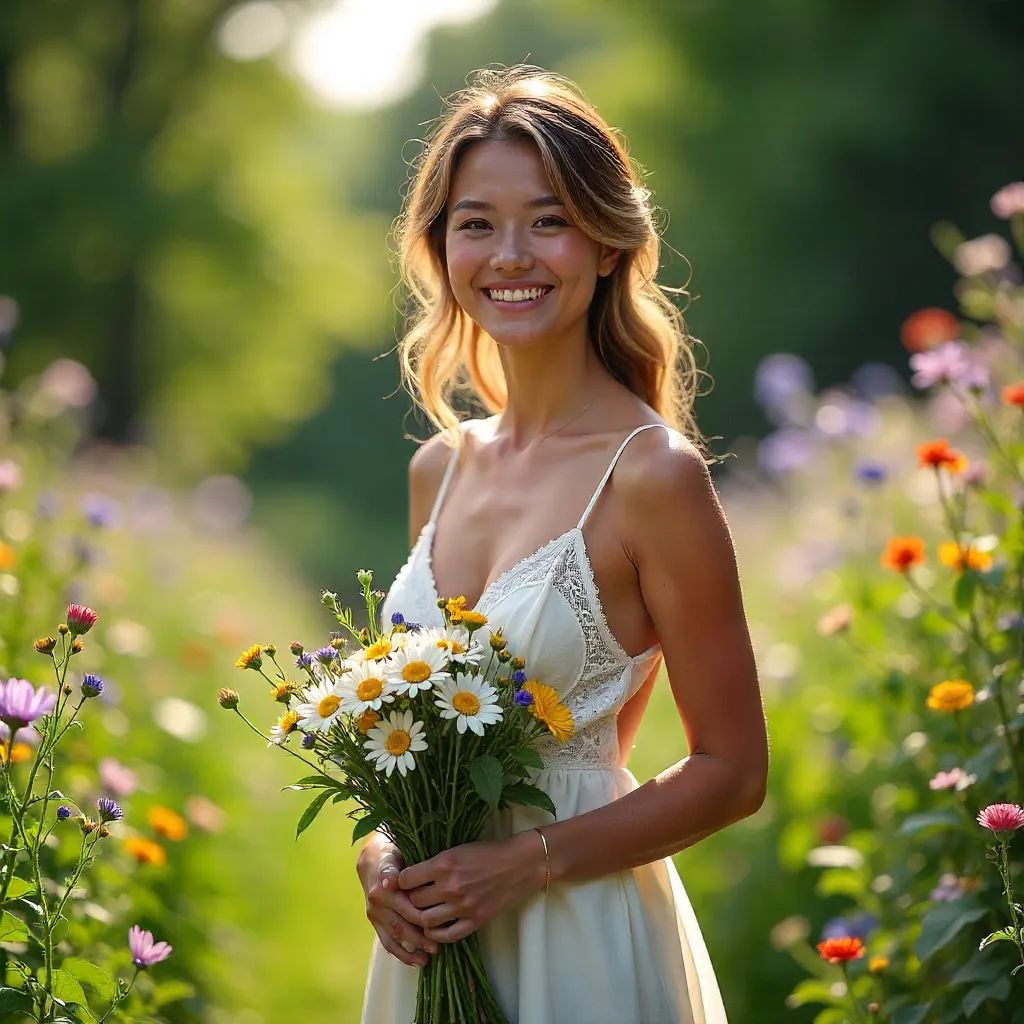 Smiling Woman in White Dress Holding Wildflowers in a Lush Garden