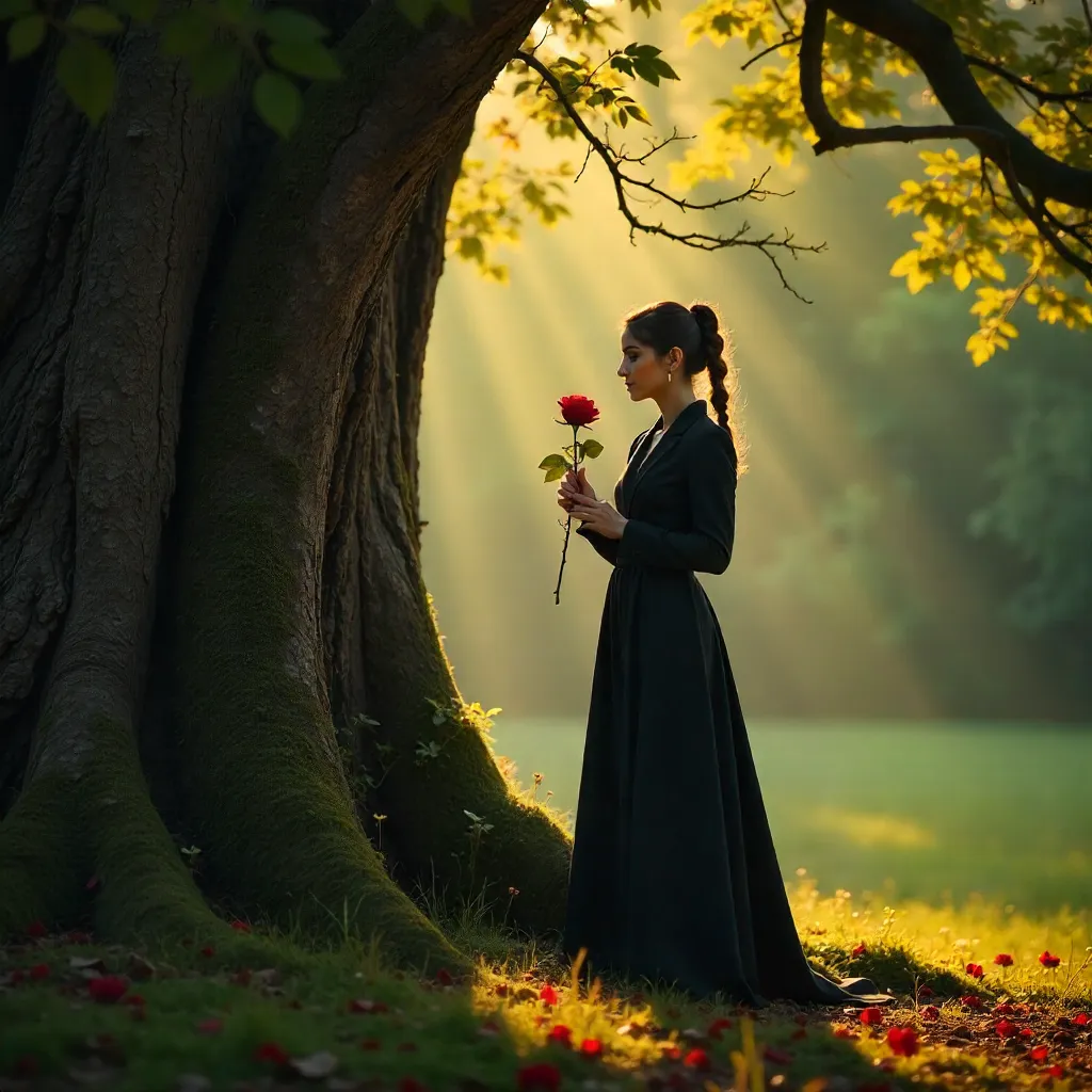 Dark Attire by a Majestic Tree with a Rose