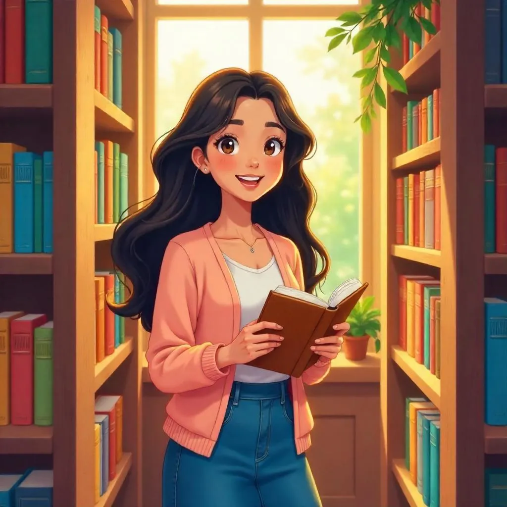 Cheerful Latina in a Cozy Anime Bookstore