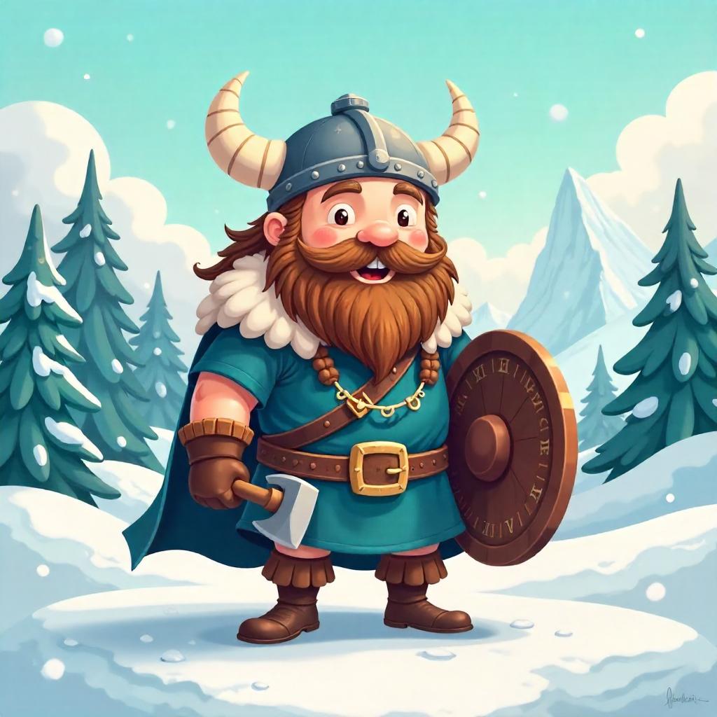 Cheerful Cartoon Viking in a Snowy Tundra