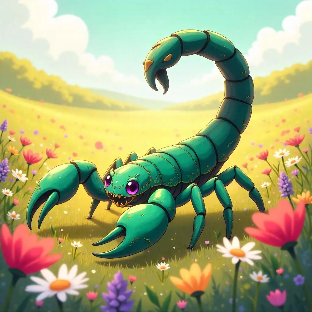 Anime Scorpion in a Vibrant Flower Field