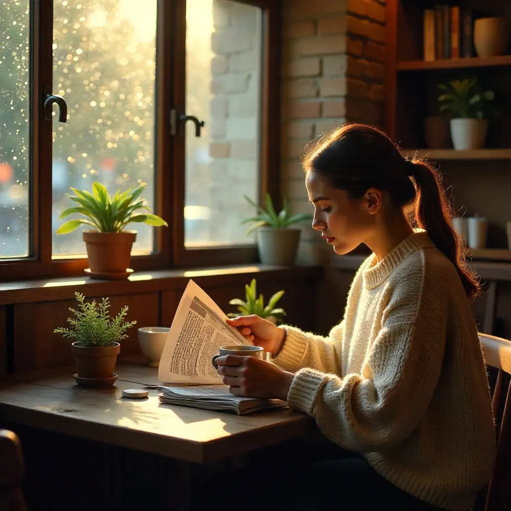 Cozy Café Moment: Coffee, Newspaper, Warm Light