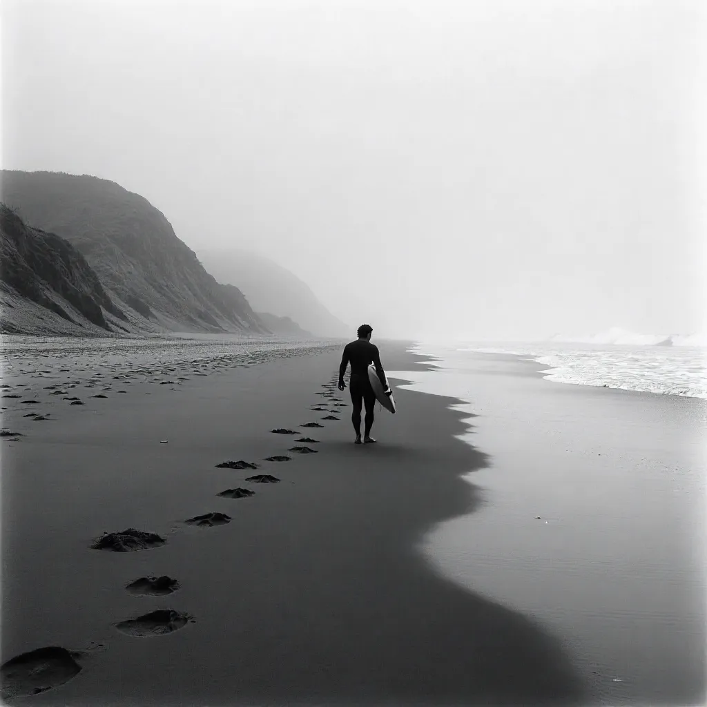 Footprints in the Fog: Surfer on a Misty Shore