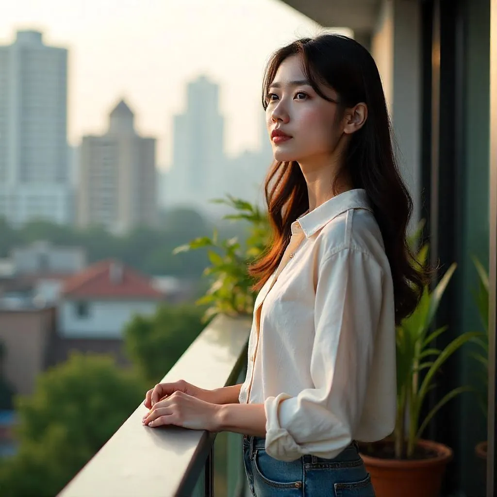 Photorealistic balcony portrait of a young Asian woman