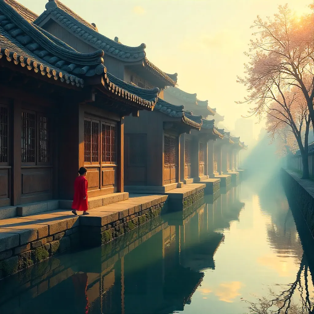 Red-Clad Child by Reflected Wooden Building