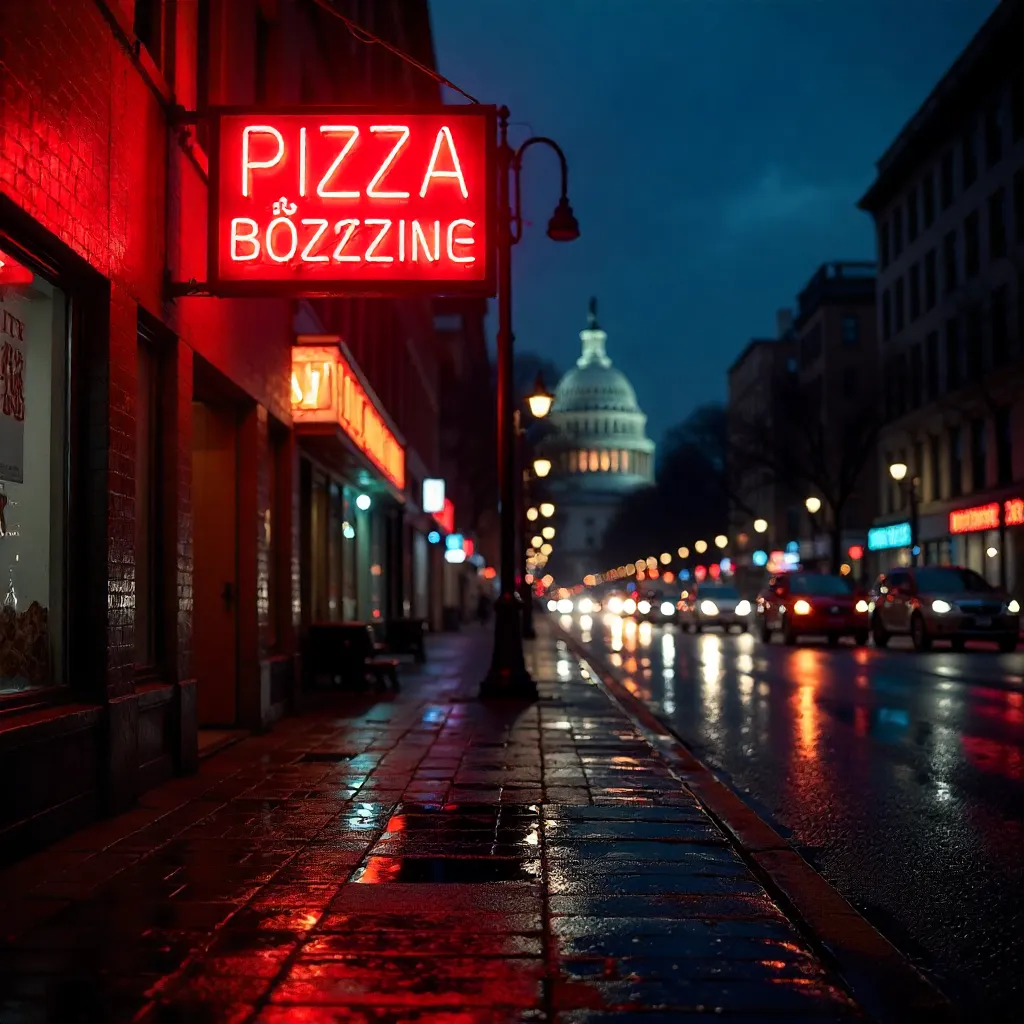 Crimson Neon Pizza Sign over DC Nightlife