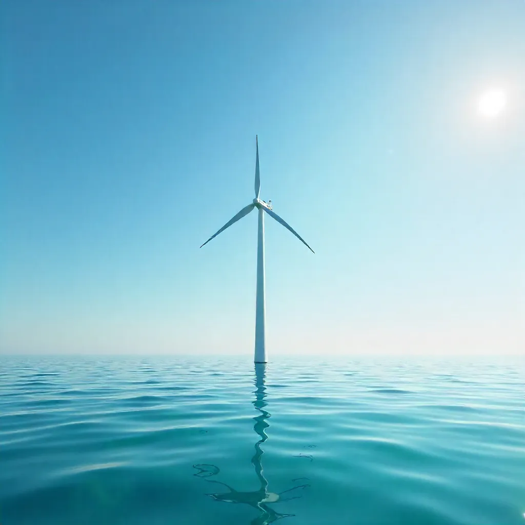 Single Wind Turbine on Calm Open Sea Under a Clear Sky