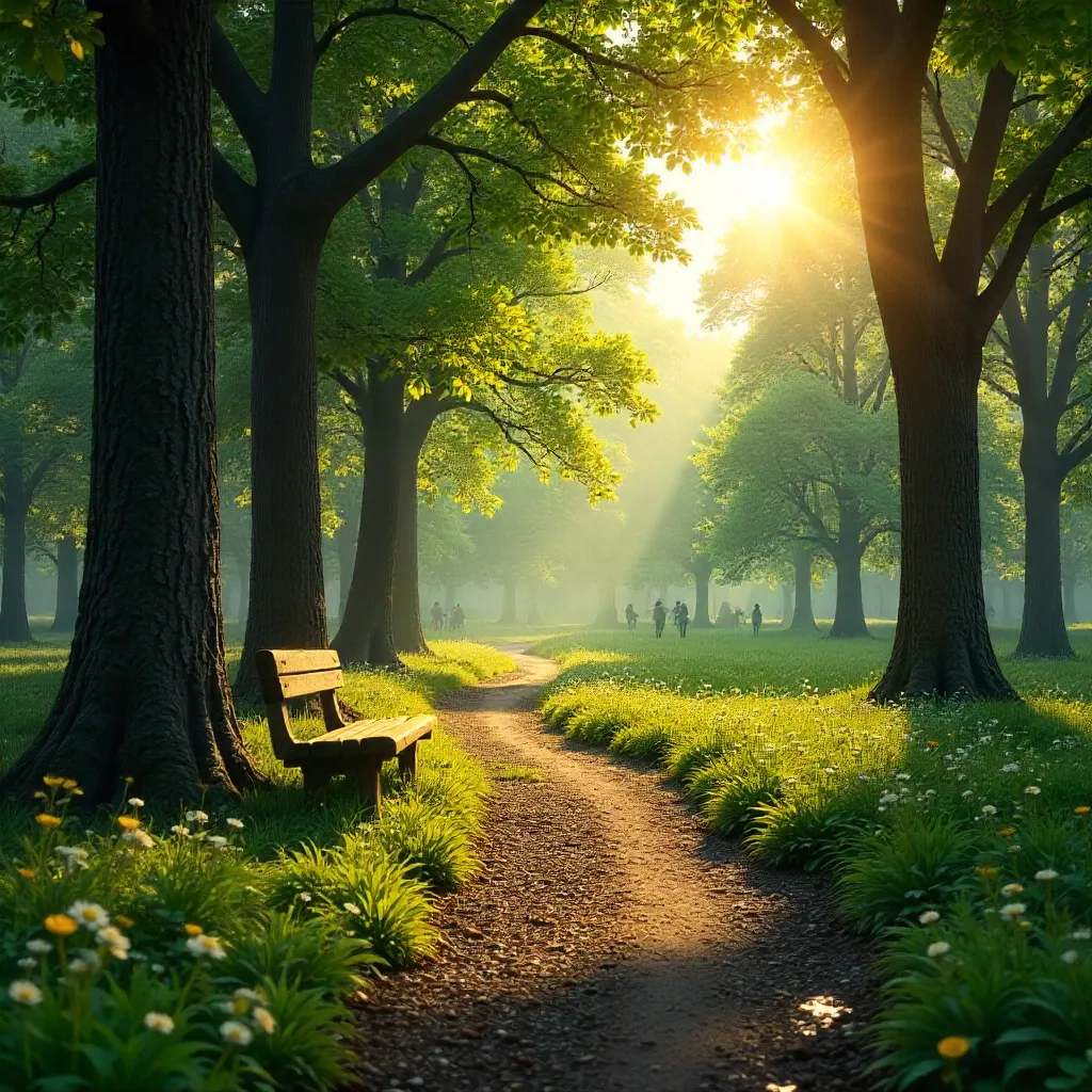 Golden Sunlit Forest in a Tranquil Public Park