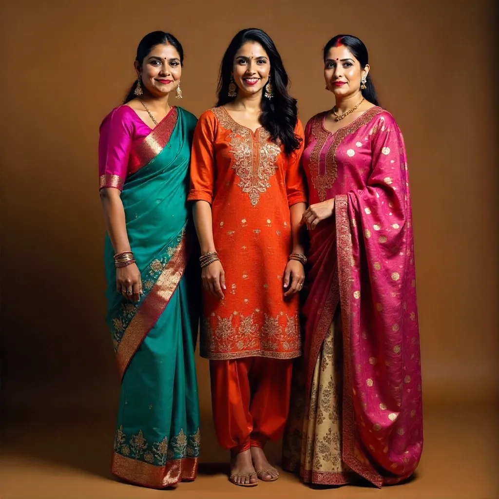 Three Women in Colorful Traditional Outfits Studio Portrait