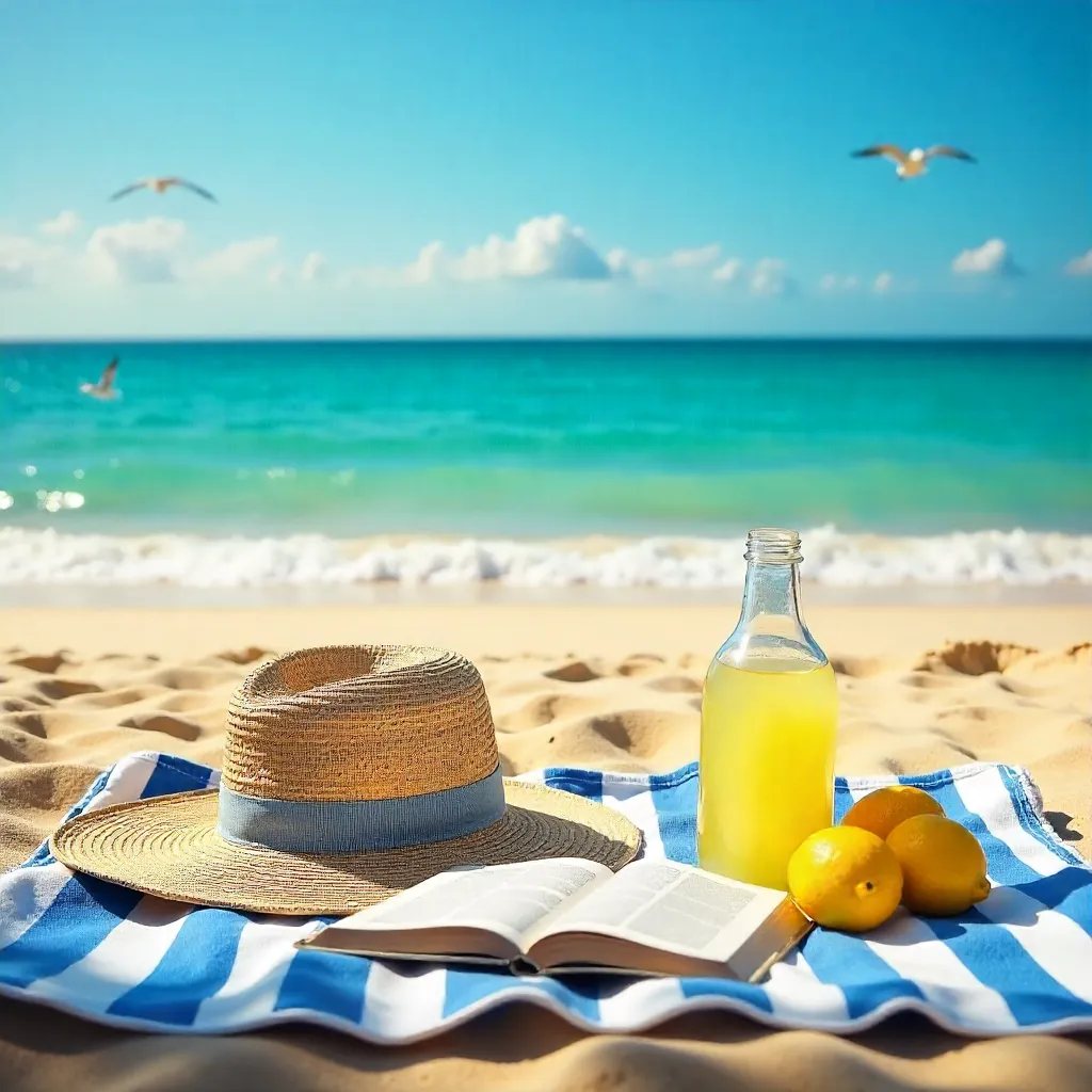 Lemon Summer Beach Picnic on Striped Blanket