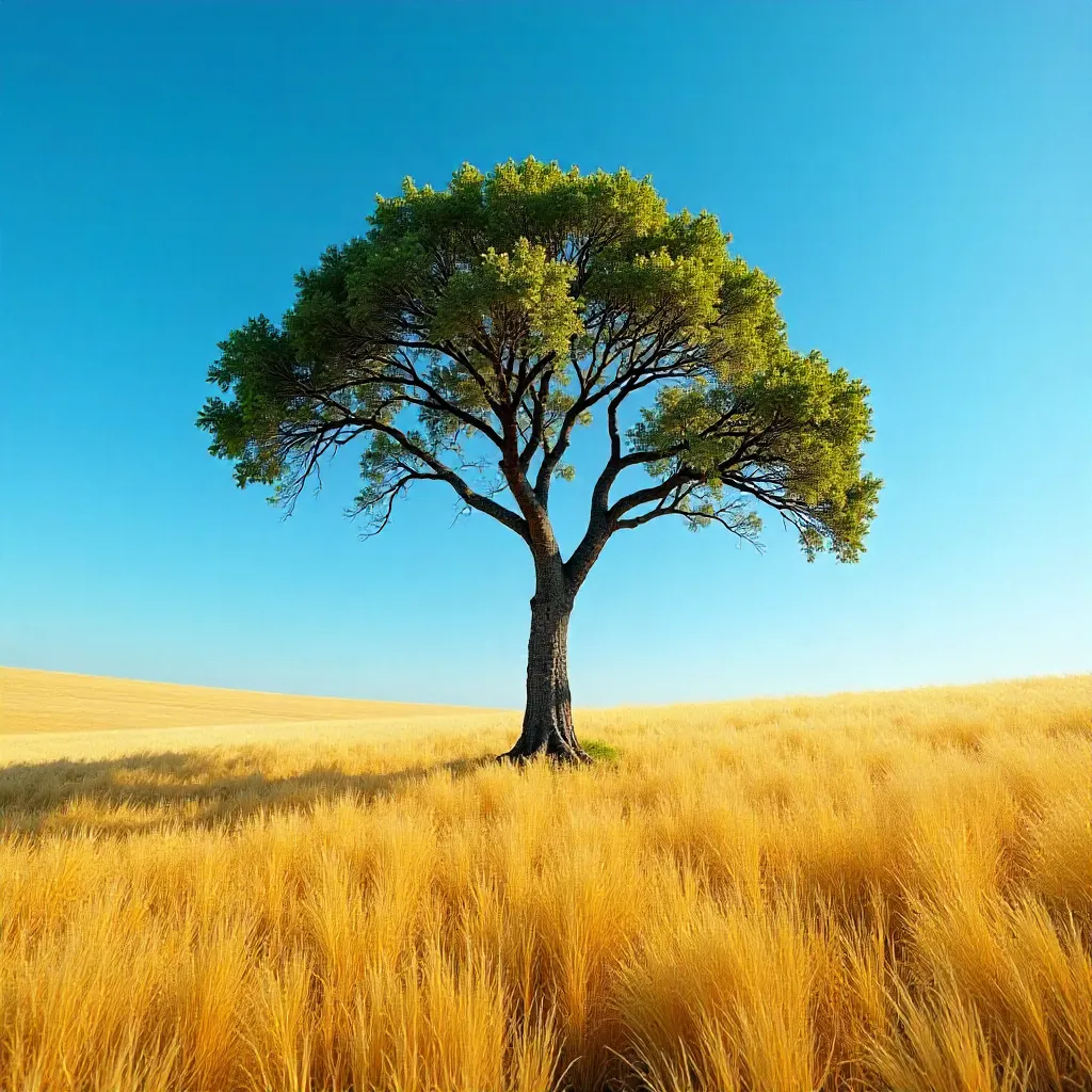 Solitary Tree in a Sunlit Field of Golden Grass