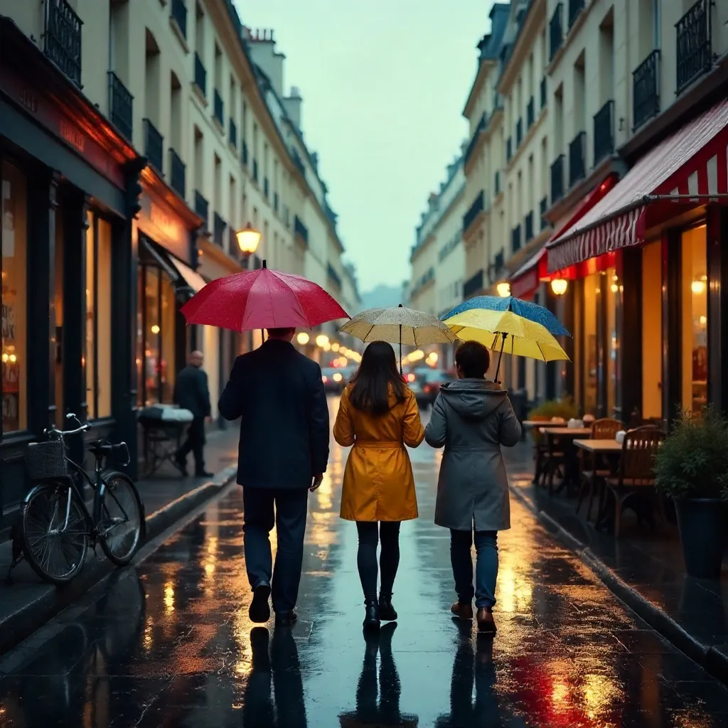 Three Umbrellas on a Rainy French Street