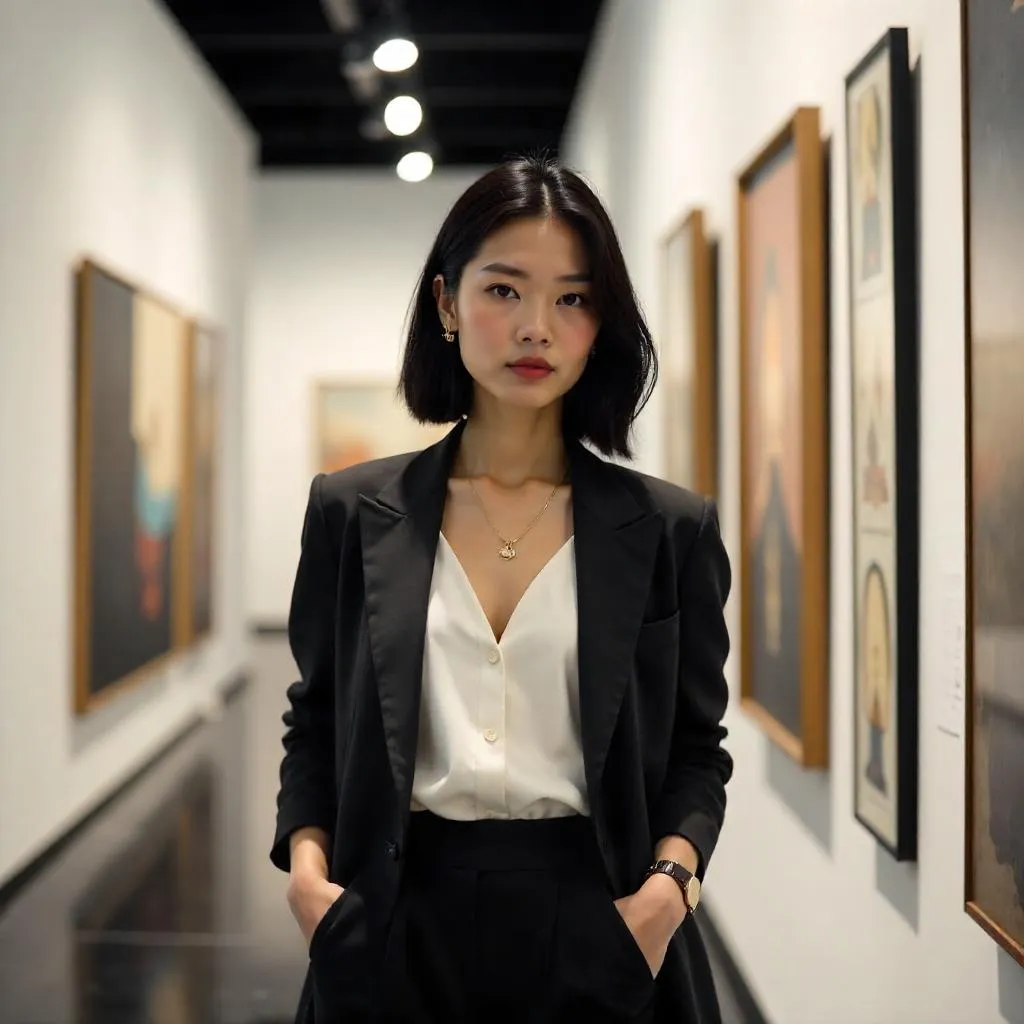 Photorealistic Stylish Asian Girl in a Contemporary Art Gallery
