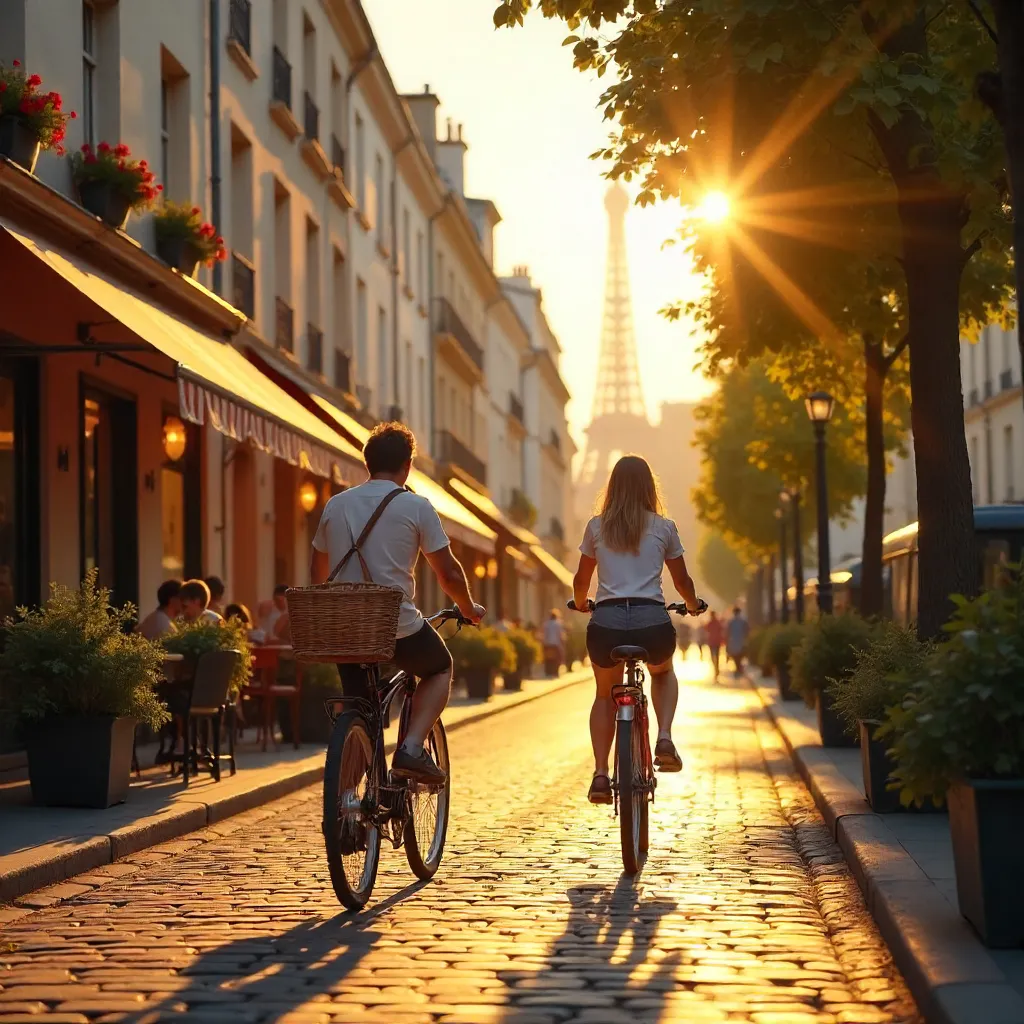 Two Cyclists on a Golden Hour Paris Street