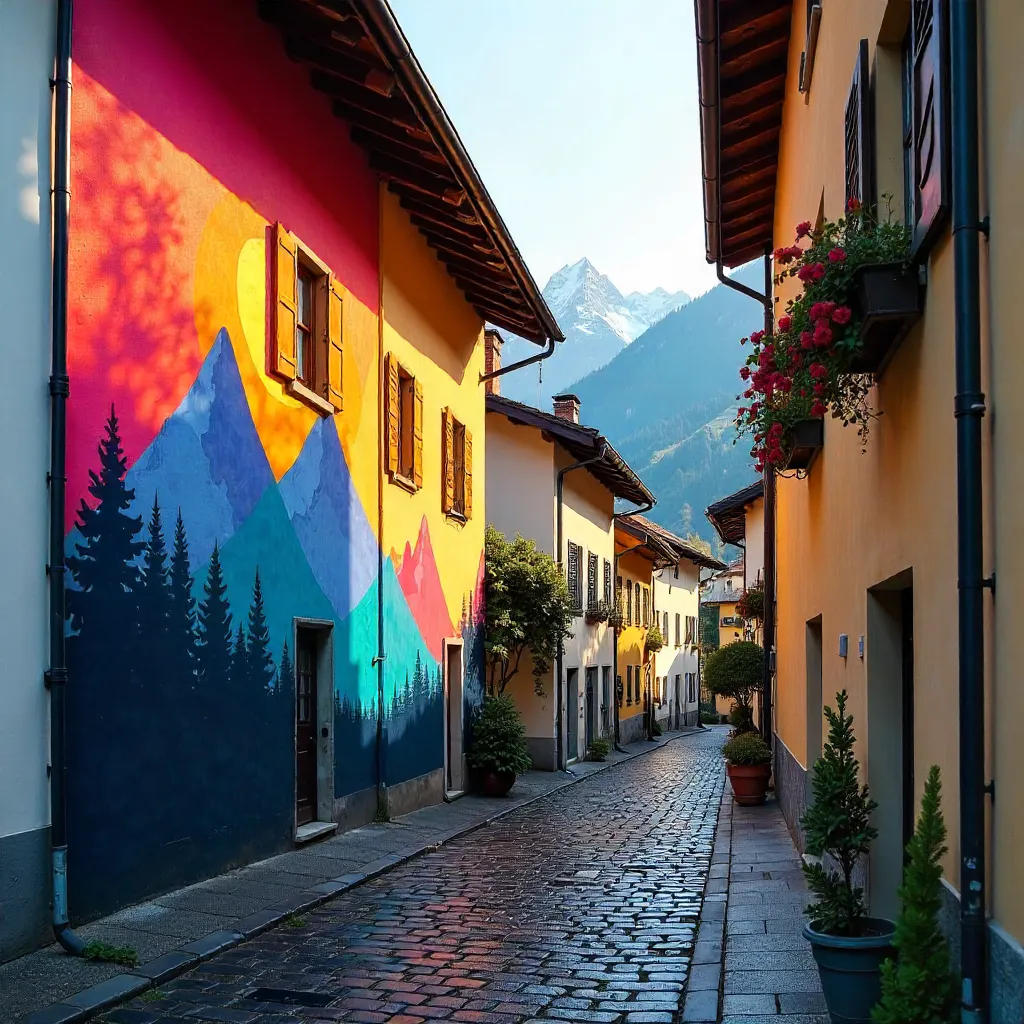 Colorful Mural on a Swiss Alleyway Facade