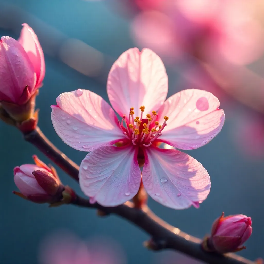 Macro View: Pink Cherry Blossoms in Vivid Backdrop