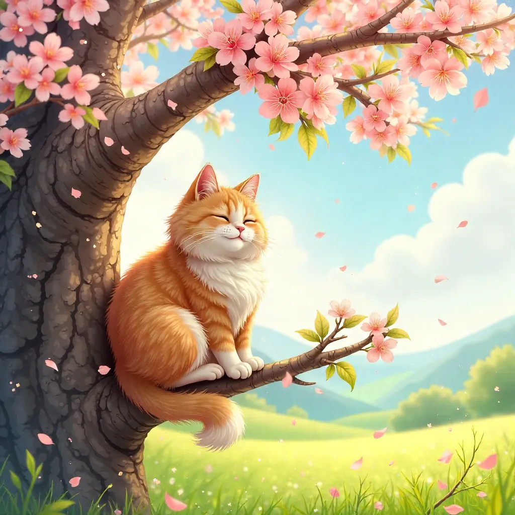 Cozy Cat Nestled in a Blooming Spring Tree