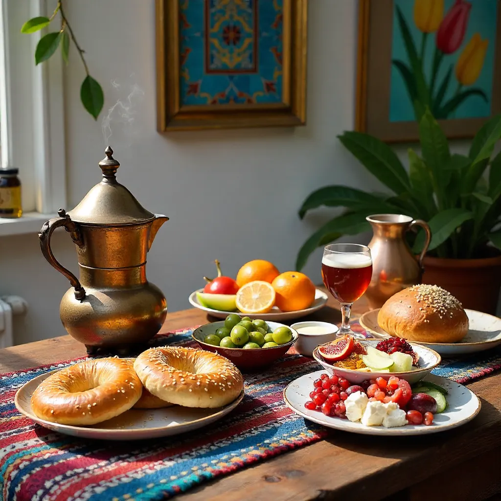 Vibrant Turkish Breakfast Table with Fruits and Wall Art