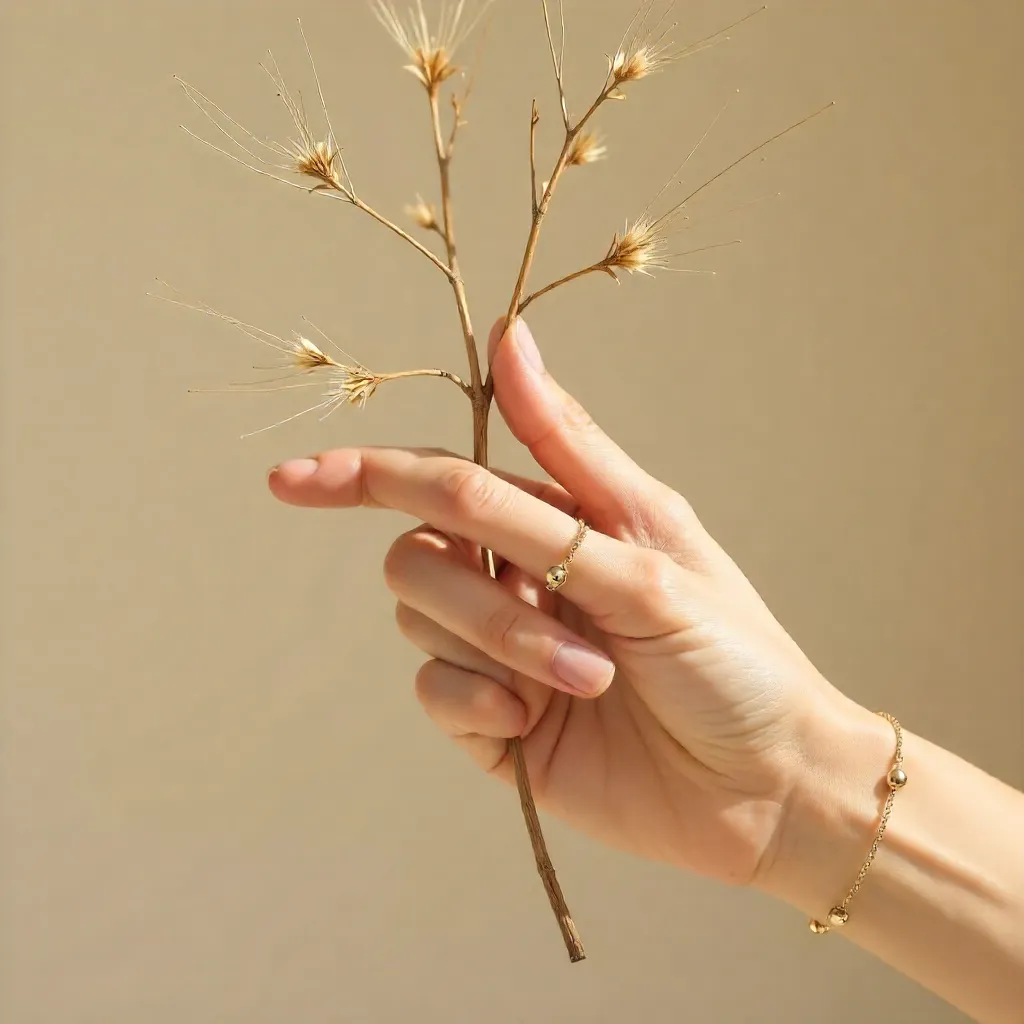 Elegant Minimalist Jewelry on a Hand with Dried Branch