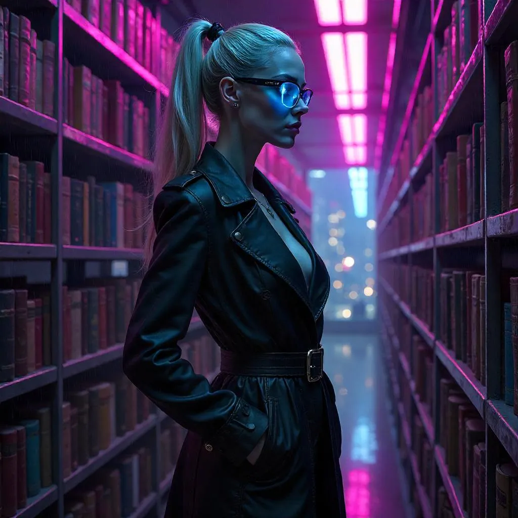 Confident White Woman in a Cyberpunk Library