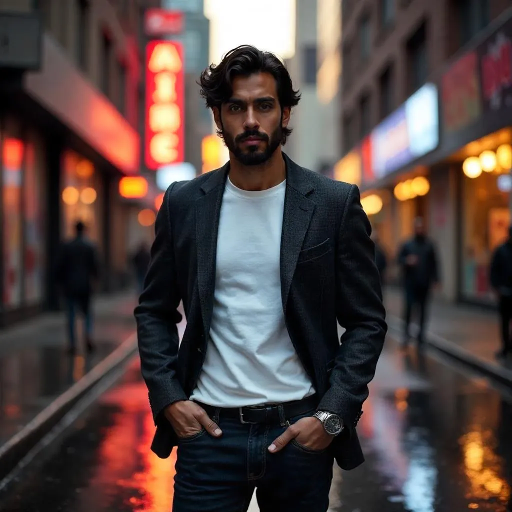 Urban Portrait: Handsome Indian Man in Neon City