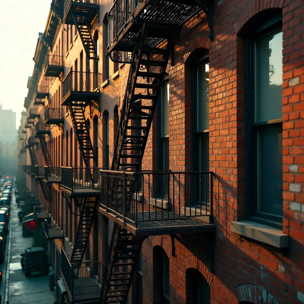 Close-Up NYC Fire Escapes on Brick Facades