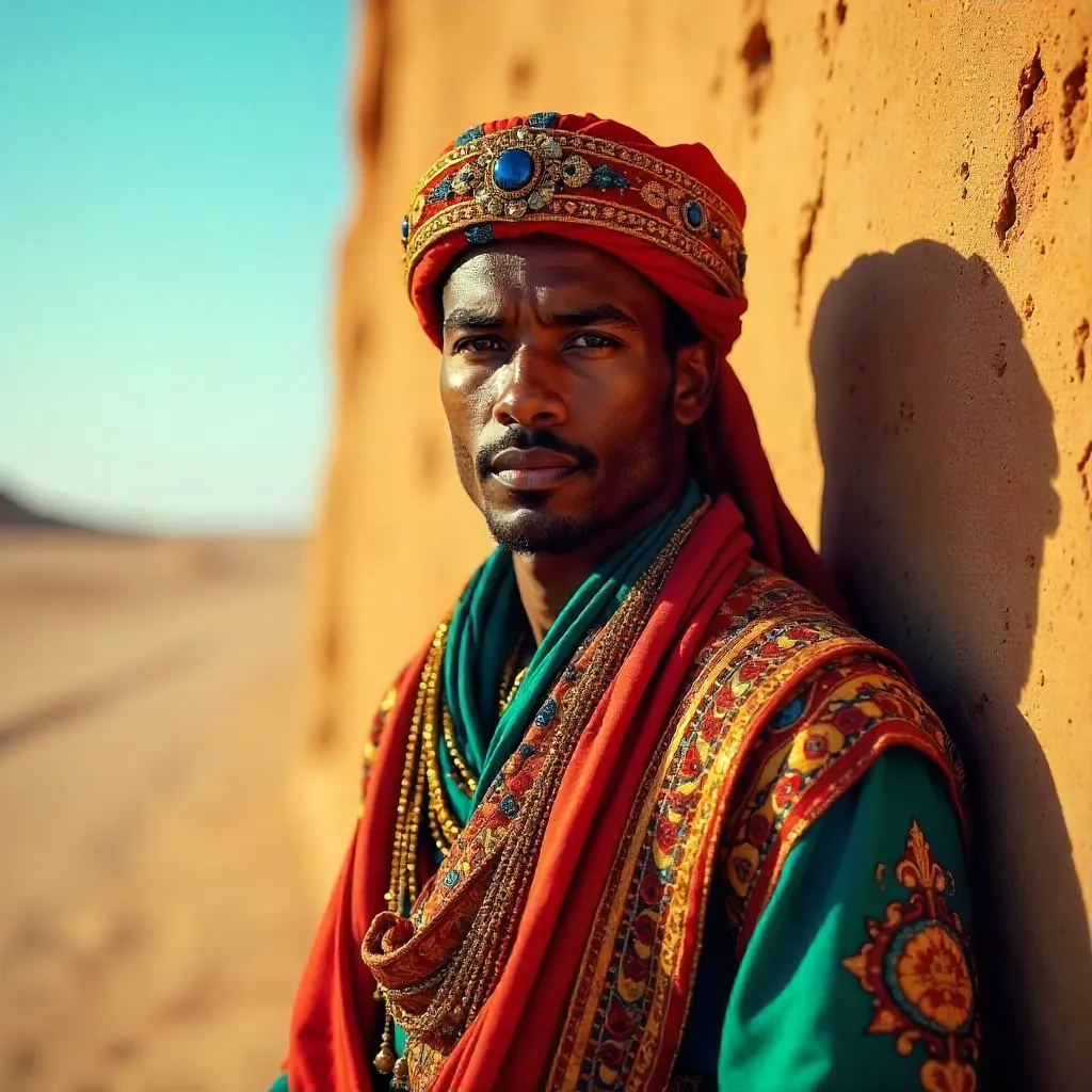 Portrait of a Man in Vibrant Traditional Attire by an Adobe Wall