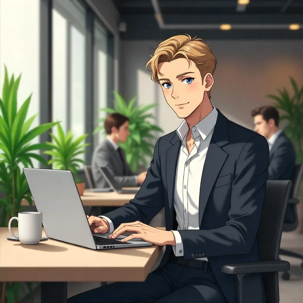 Elegant White Man in an Anime Coworking Space