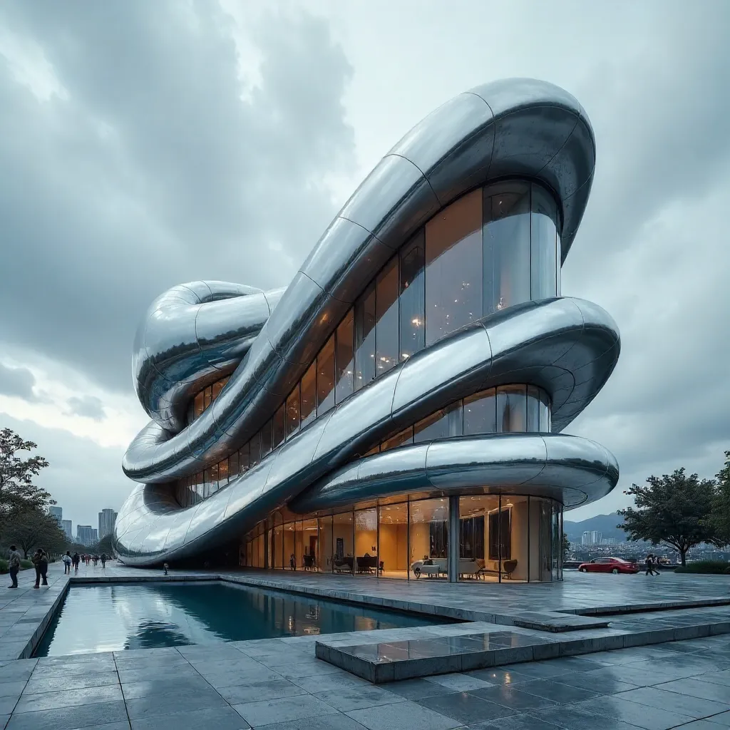 Gleaming Curved Metal Architecture Under Clouds
