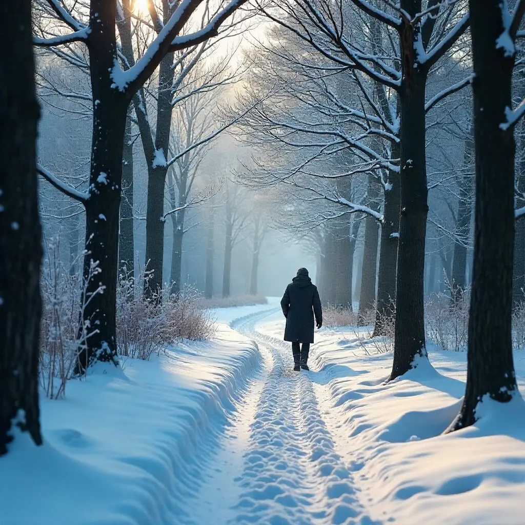 Serene Snow Forest Path with Distant Figure