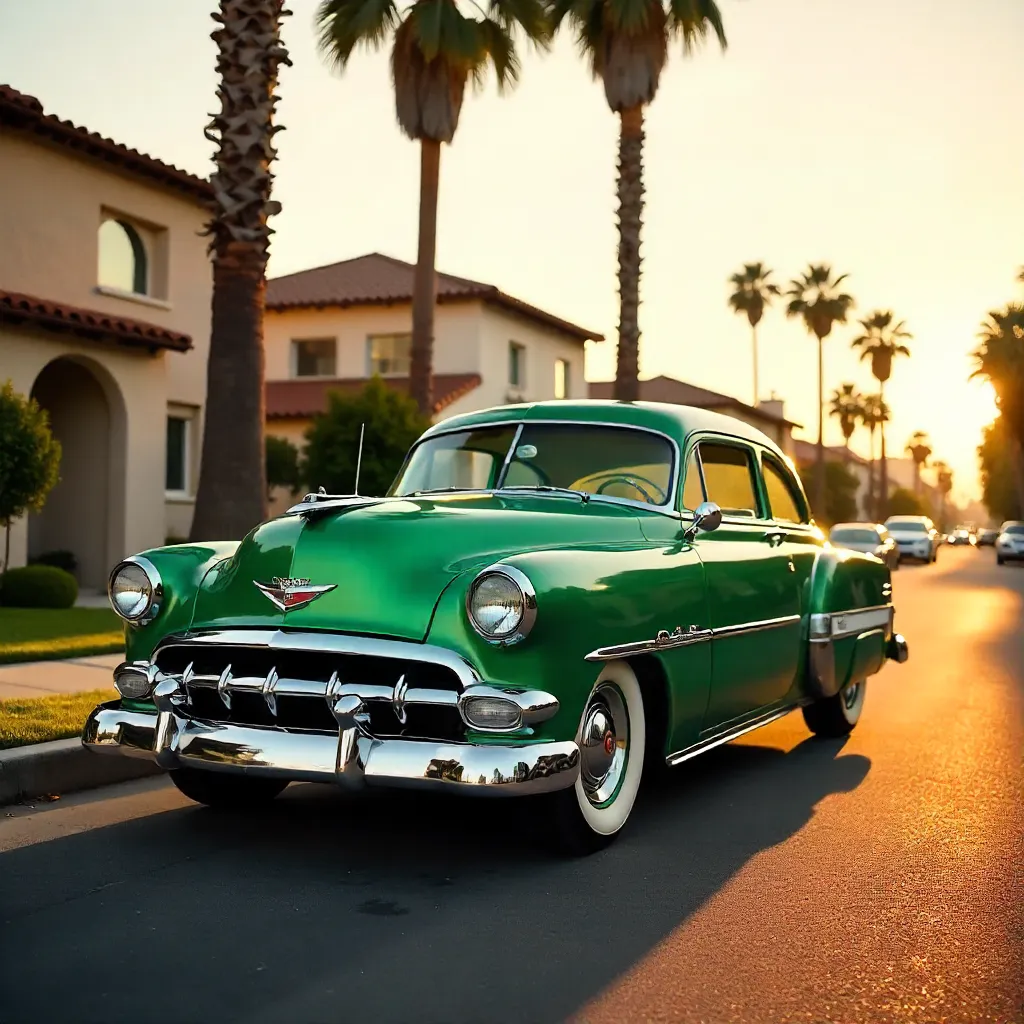 Retro Green Car on a Los Angeles Street