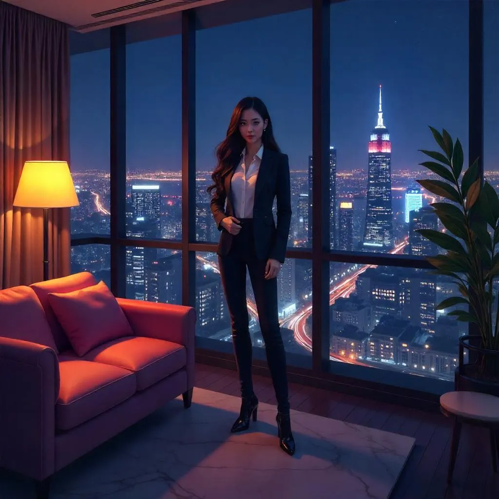 Elegant Asian Woman in a Neon Penthouse