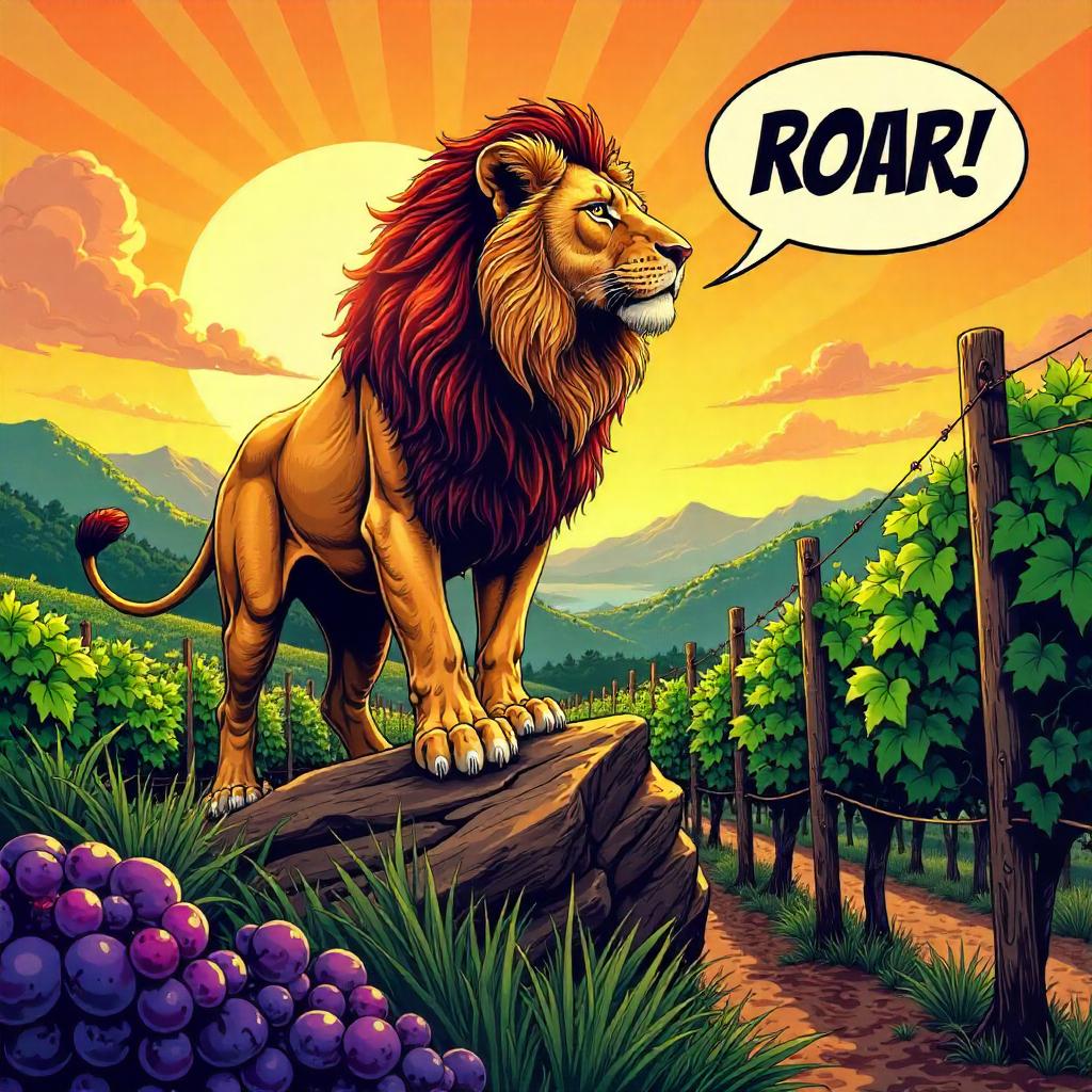 Grapevine Roar: Lion Hero in a Vineyard